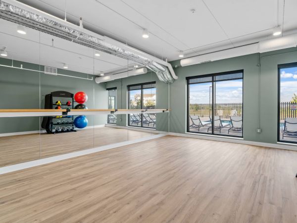 Lexi Apartments Spacious fitness studio with mirrored wall, exercise balls, wood floor, and large windows overlooking a patio.