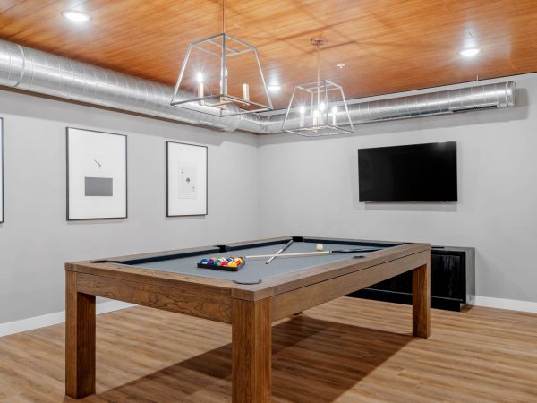 Lexi Apartments Modern game room with a pool table, cue sticks, wall art, TV, and wood flooring under pendant lights.